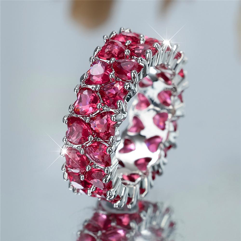 Crystal Female Rose Red Zircon Stone Heart Engagement Rings For Women Color Wedding Bands Jewelry Party Gifts