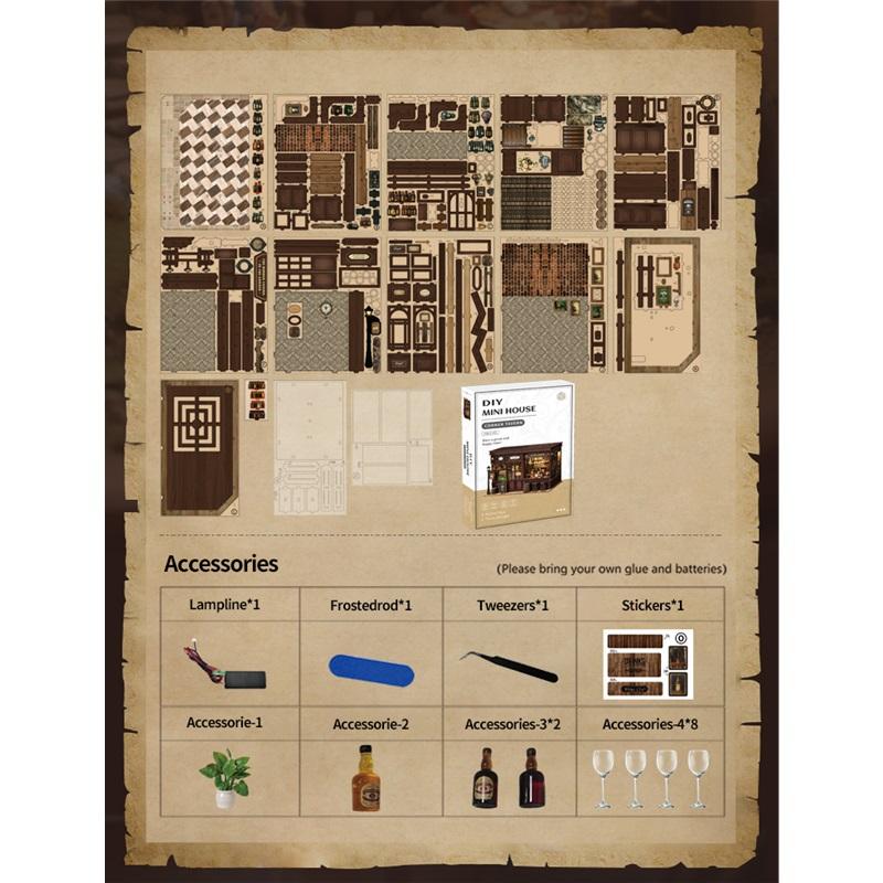 DIY Rohová krčma Drevená miniatúrna modelová stavebnica 3D puzzle so svetlom Nábytok Domčeky pre bábiky Chata pre priateľov Narodeninové darčeky