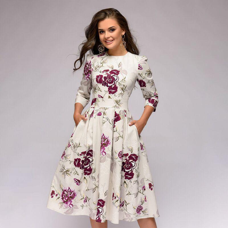 2022 A-line Retro Floral Dress for Women - Three-quarter Sleeve, Round Neck, Autumn/Winter Collection