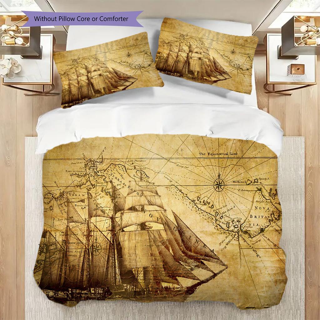 Vintage Maritime Adventure Map Three-piece Set (1 * Duvet Cover + 2 * Pillowcase, Without Core) 2D Flat Christmas Birthday Gift