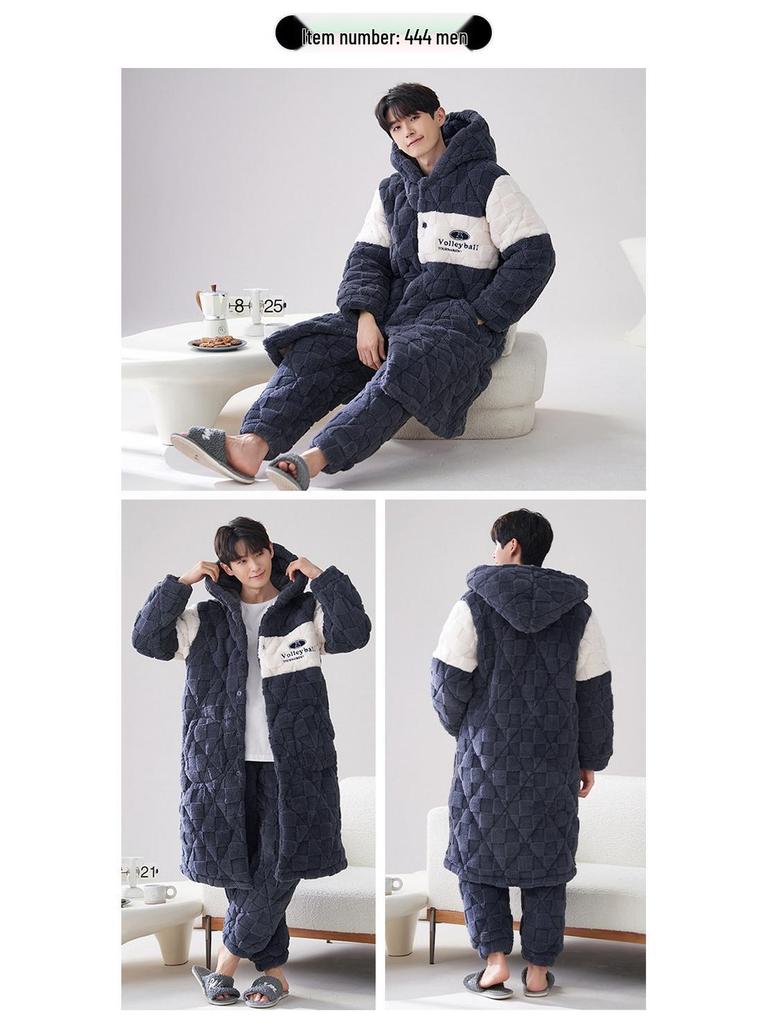 2024 Men's Quilted Winter Hooded Pajama Bathrobe - Warm, Thick Coral Fleece Outerwear