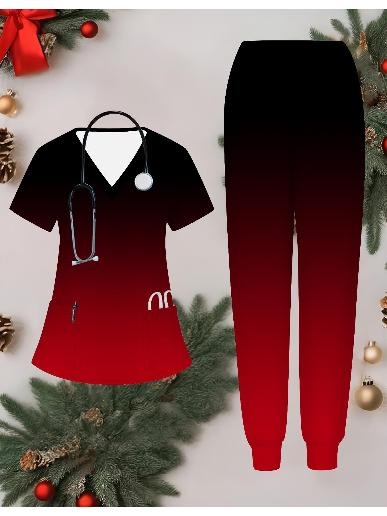

Женский комплект униформы медсестры с 3D-принтом градиентного цвета, короткий рукав, длинные брюки с карманом, повседневный, модный, рождественский подарок M красный