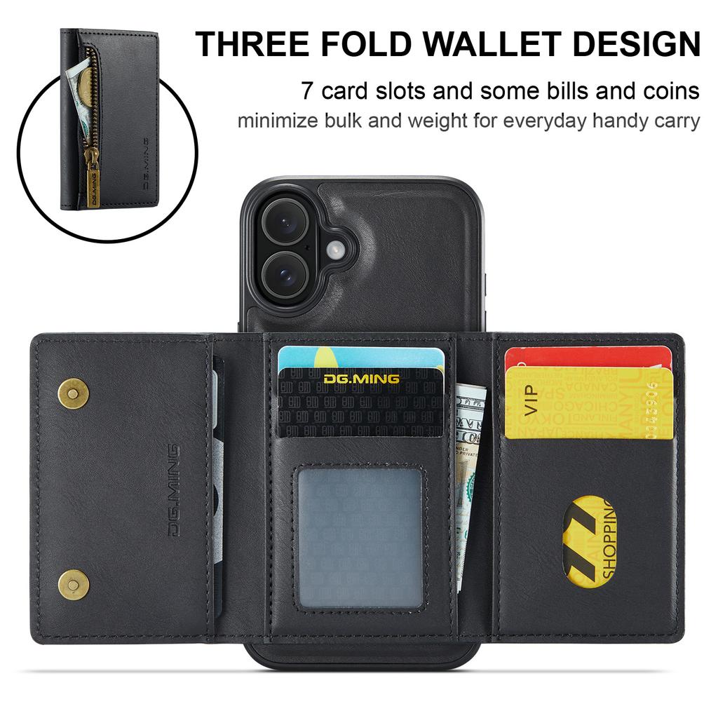 DG.MING M5 Series For iPhone 16 Case Detachable Magnetic Leather Phone Cover with Card Slots