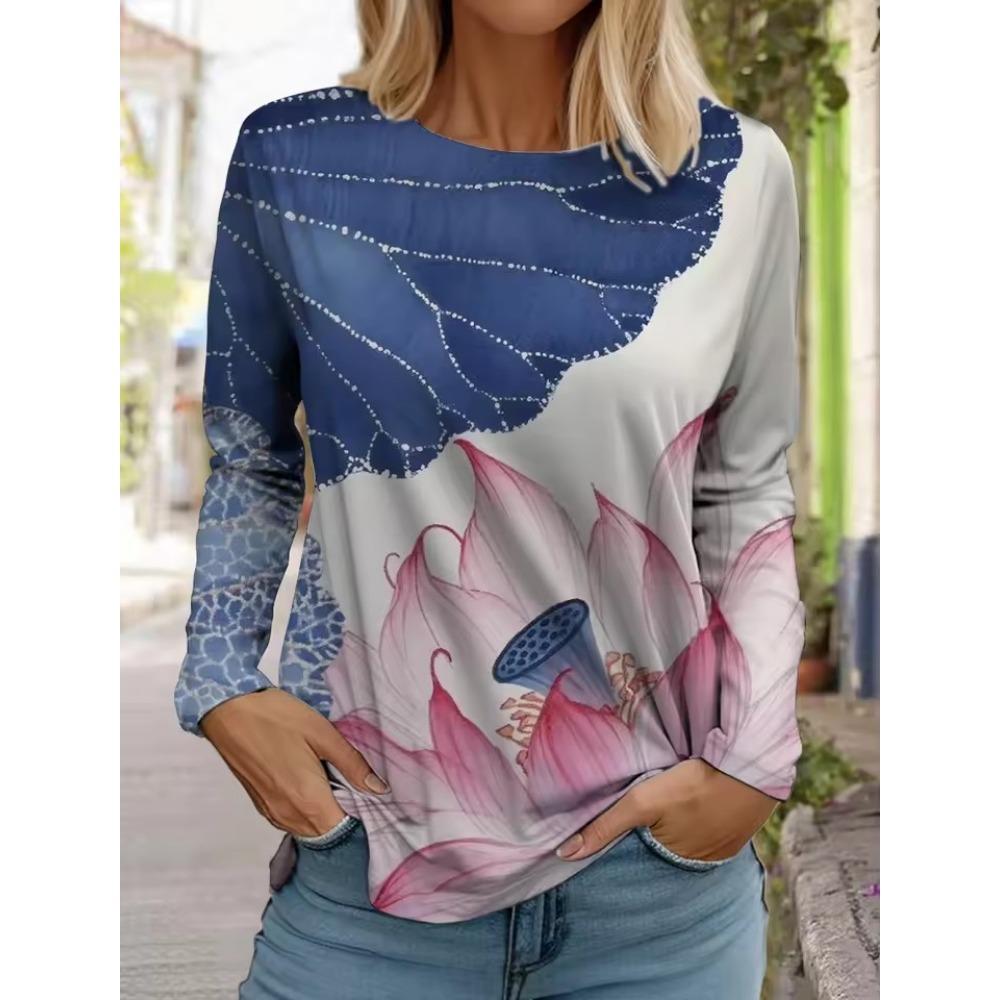 Women's Christmas Santa Long Sleeve T-Shirts, Festive Snowflake Print Top, Holiday Party Wear, Fall Winter Seasonal Style