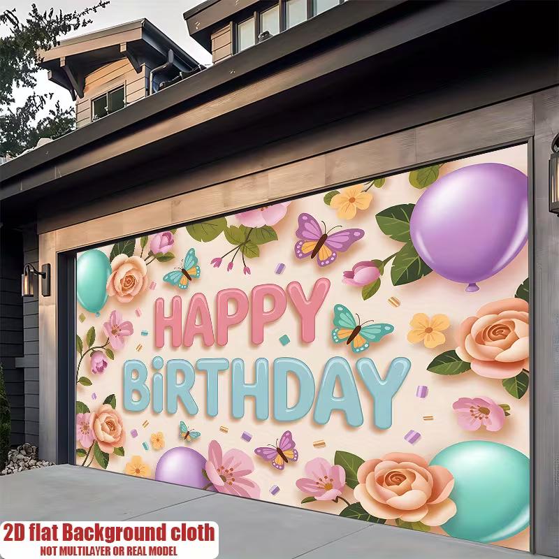 2D Pastel Floral Butterfly Backdrop Happy Birthday for Girls Themed Photo Booth Background