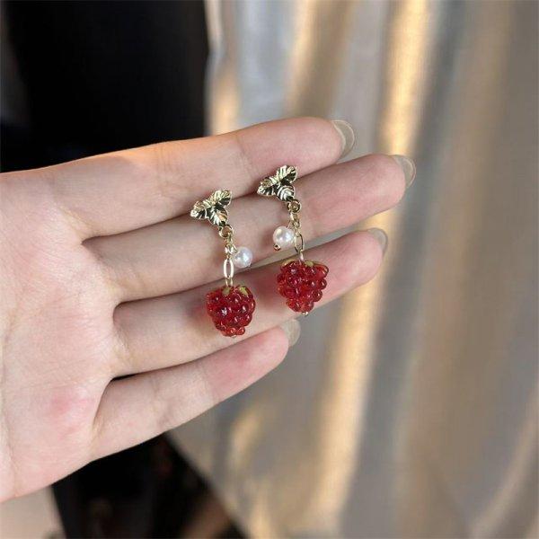 Korean Sweet Cute Strawberry Ribbon Bowknot Drop Earrings for Women Cute Fruit Cake Cup Dangle Earring Girls Lovely Zircon Gift