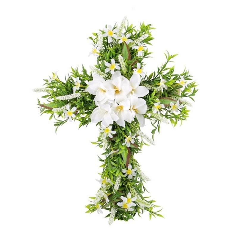

Flower Wreath Easter Religious Cross Sign Christian Lilys Flowers Easter Decor for Farmhouse Front Door Porch Wall Decor 1