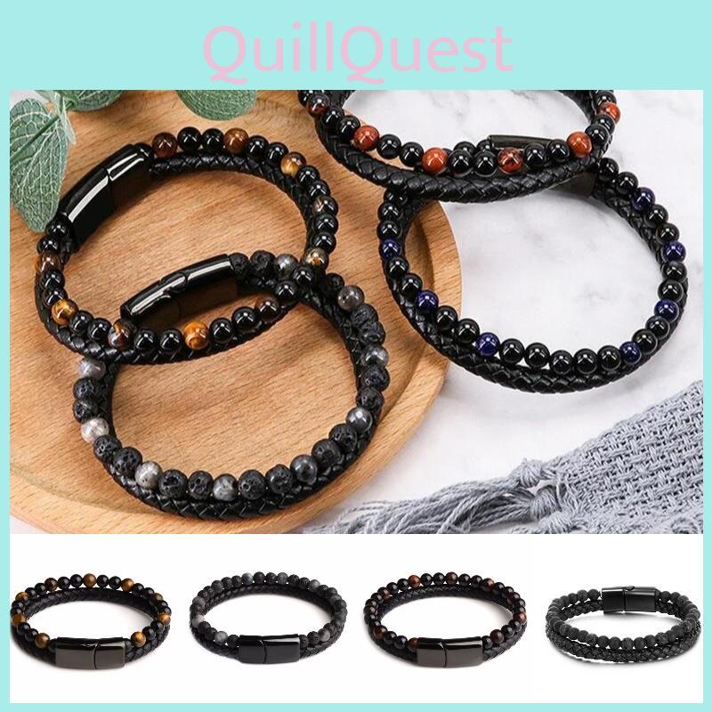 Rugged Men's Bracelet With Volcanic Stone Beads Alloy Clasp And Sturdy Faux Leather