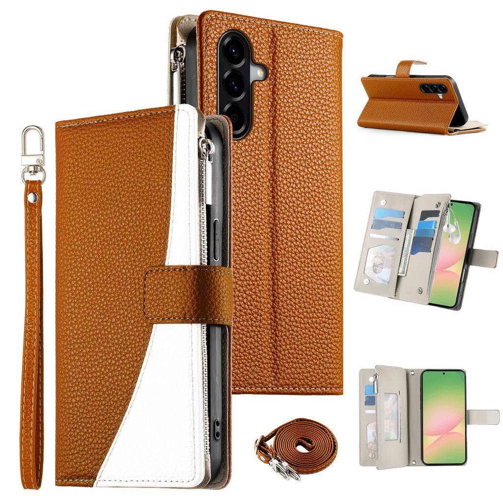 For Samsung Galaxy A56 5G Case Zipper Wallet Color Splicing Leather Flip Phone Cover with Straps