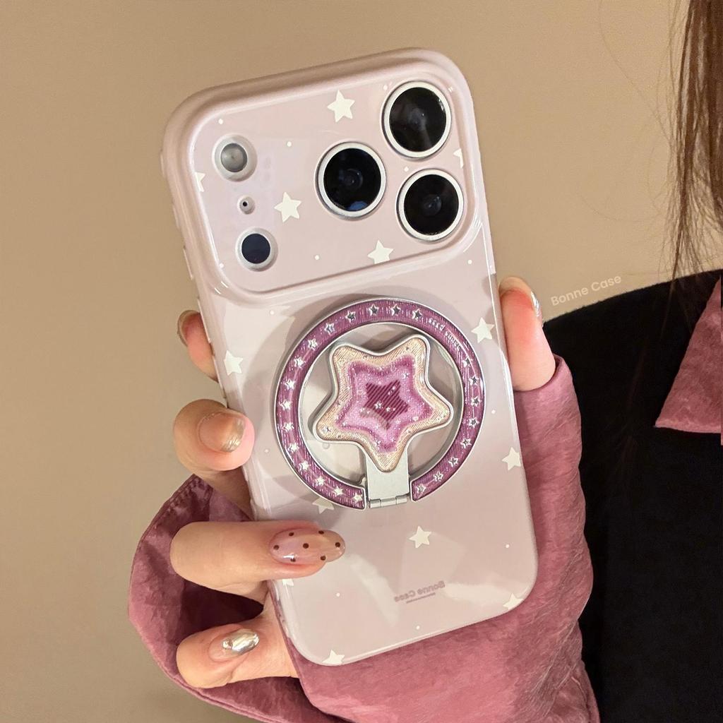 Retro White Star Heart Stand Phone Case for iPhone 16, iPhone 17, iPhone 17 Pro Max