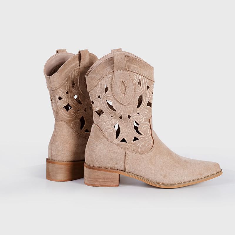 Factory custom-made western cowboy boots with flowers on the other side, embroidered hollow women's thick-heeled knight boots, ethnic style retro s