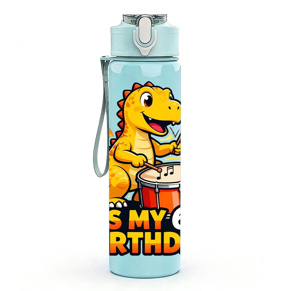 1PC It Is My 6th Birthday Drumming Dino 750ml Color Plastic Water Bottle Leakproof Flip Straw Lid For Sports Office Home Use