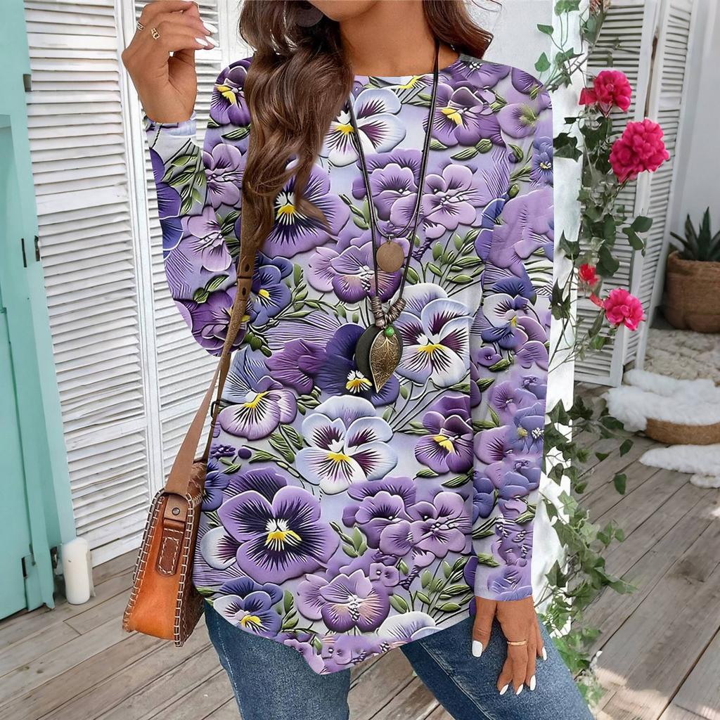 Dámské ležérní nadměrné tričko s dlouhým rukávem, kulatým výstřihem, vintage etnickým potiskem, top, pulovr