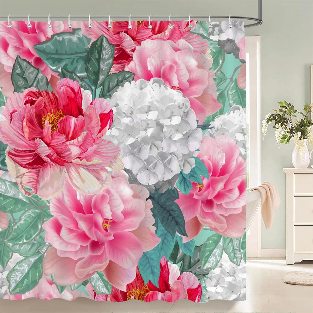 Watercolor Flowers Floral Shower Curtains Pastoral Spring Greenery Plants Home Decor for Bathroom Polyester Fabric Bath Curtain