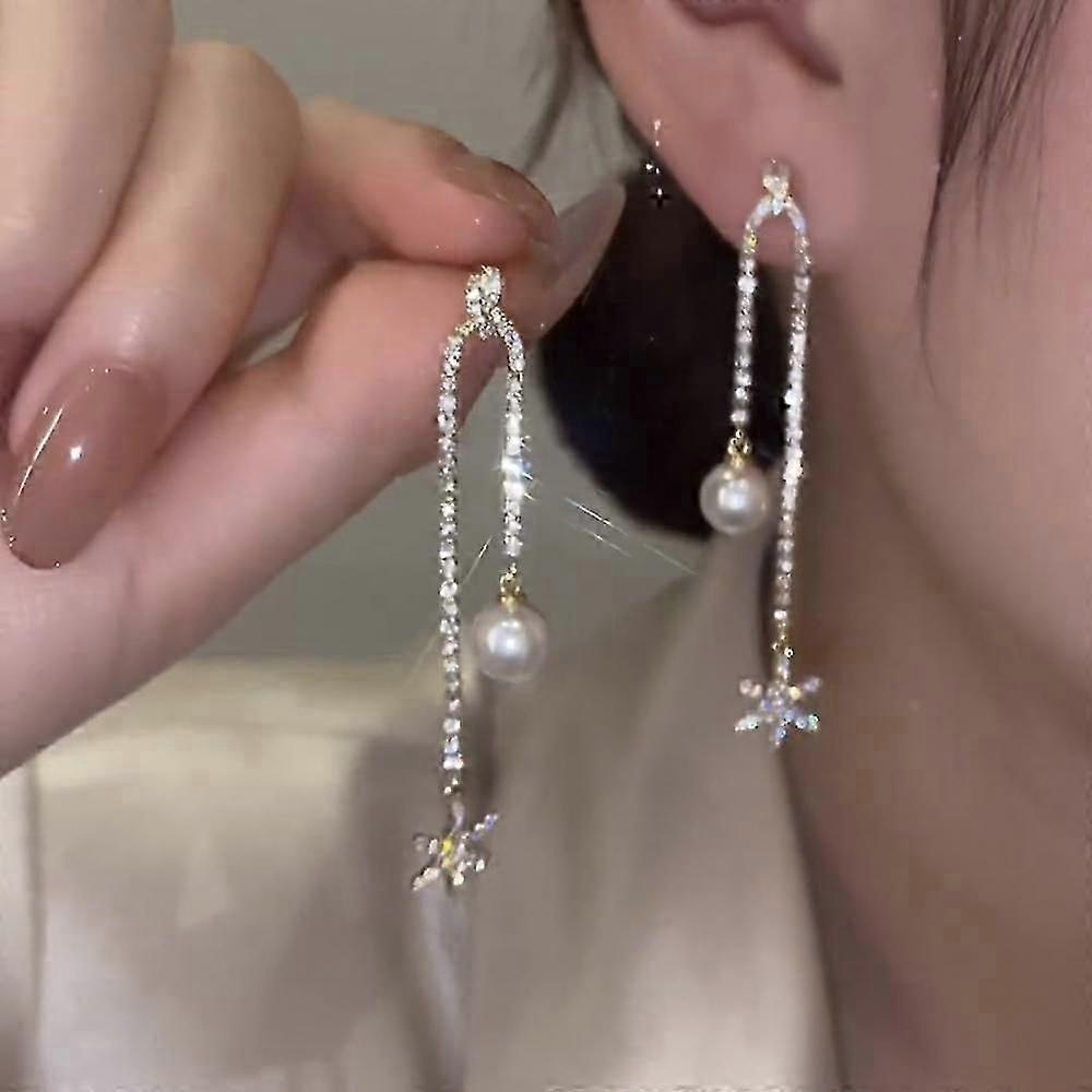 Needle Octagonal Star Inlaid Zircon Student Earrings Temperament Tassel Pearl Lo
