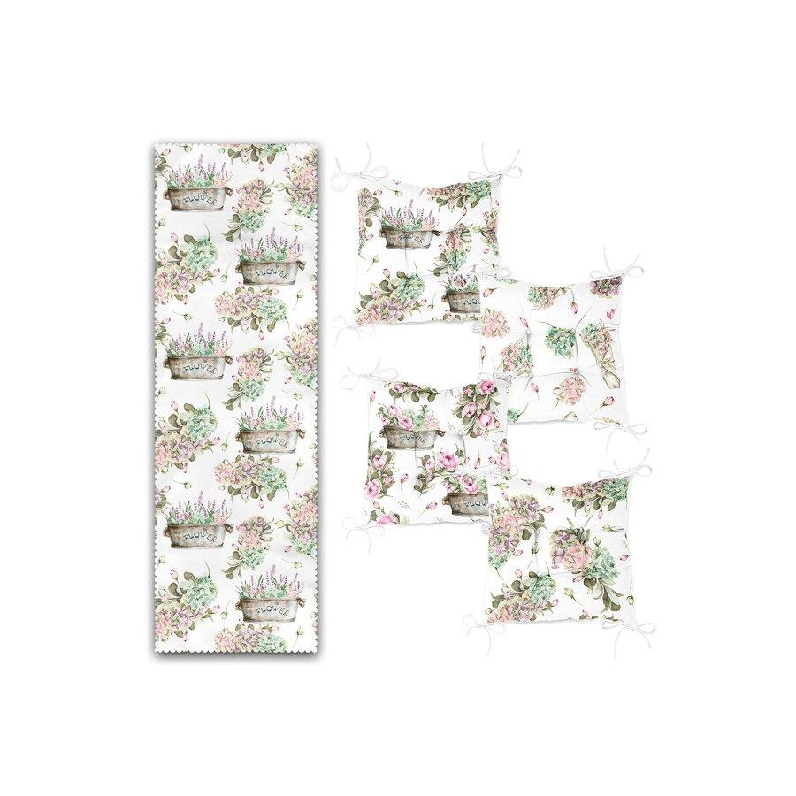 Conjunto de almofadas de cadeira impressas digitalmente com design de padrão de flor / 4 peças de almofadas de cadeira quadradas de 40 × 40 cm e corredor de 1 peça