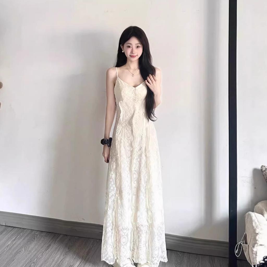 French jacquard lace splicing suspender dress for women in summer, beautiful waist and thin temperament fairy dress