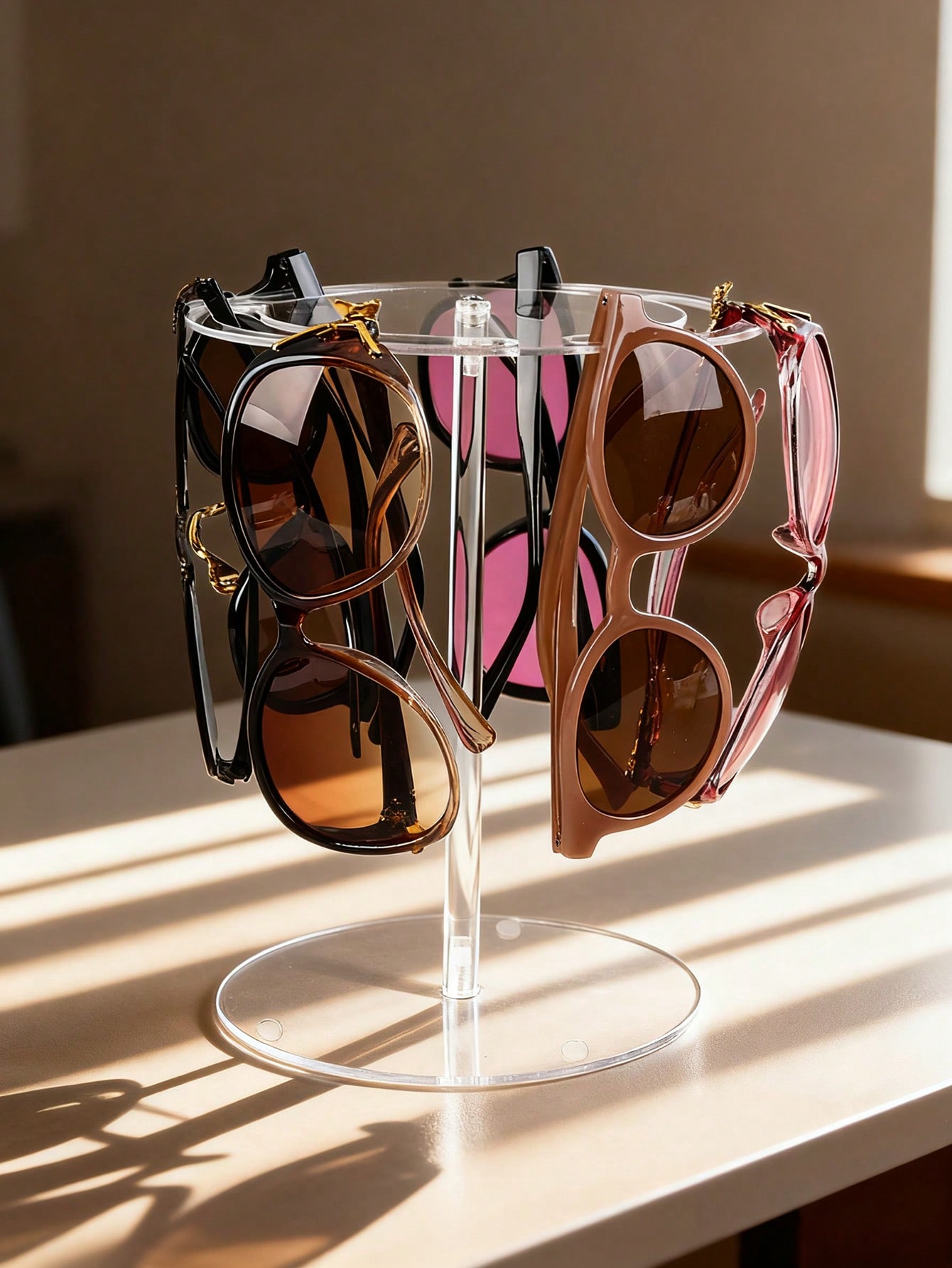 1pc Acrylic Sunglasses Display Stand, High-Quality Transparent 360° Rotating Round Elevated Holder, Clear Desktop Eyeglasses Organizer Rack one-size чистый