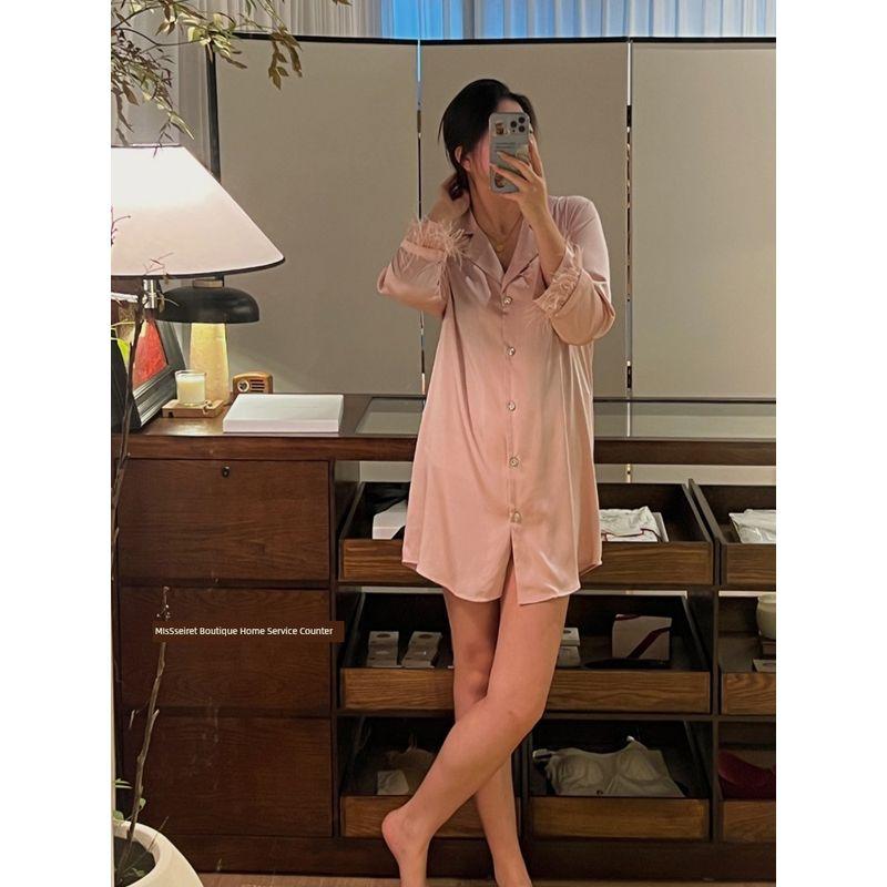 

Dutch Original Order ~ Diamond Buckle Pink Feather Pajamas Women s Long Sleeve Pants Suit Ice Silk Classy Trendy Homewear Pink Feather Shirt Dress S