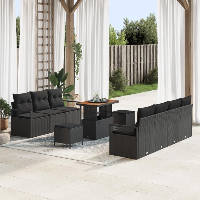 VidaXL Ensemble de 10 pièces de salon de jardin avec coussins Noir Poly Rattan Acacia 3362489