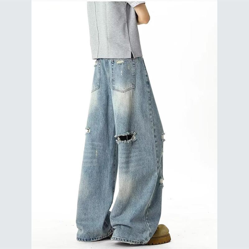 American Street Retro Ripped Design Sense Ink Splashing Jeans Men Loose Straight Drape Wide Leg Trousers Men