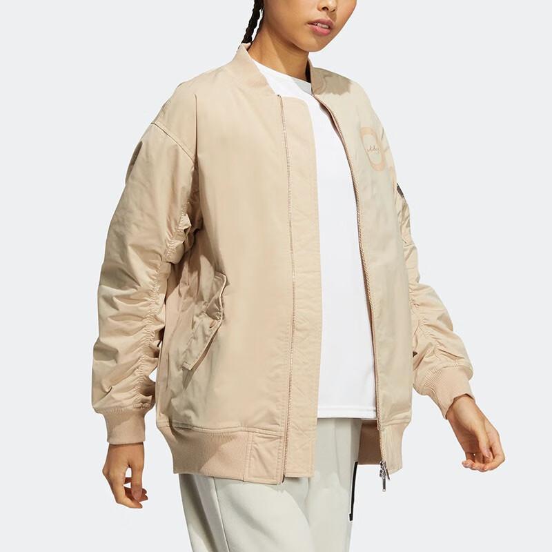 Adidas Neo Solid Color Print Logo Zip-Up Warm Jacket Women Outerwear Khaki IB2725