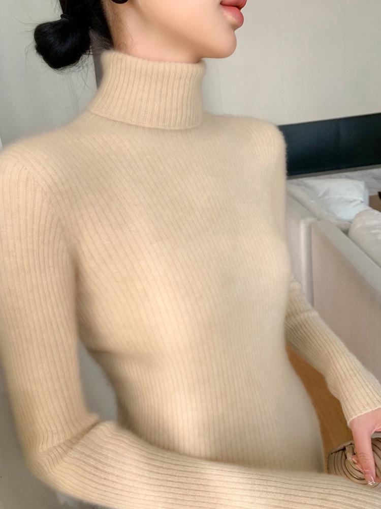 Women's Seamless Cashmere High-Neck Ribbed Sweater, Slim Fit, Body-Shaping, Slouchy Neck, Knit.