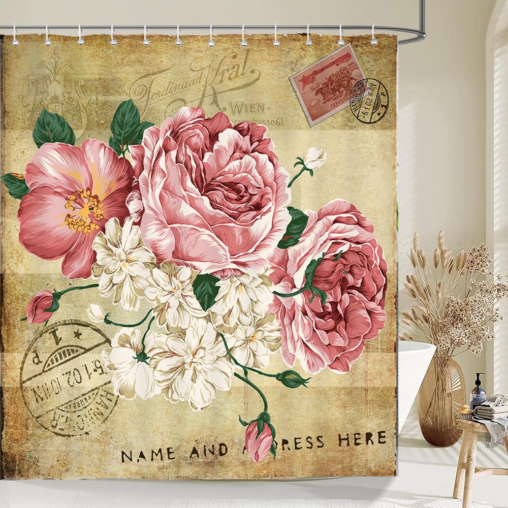 1 Pcs Retro Big Flowers Pattern Polyester Shower Curtain Partition Floral Bathroom Curtain with Hooks Home Decorative Curtain