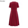 ZANZEA Women Square Collar Summer Casual Short Sleeve Pleated Dress