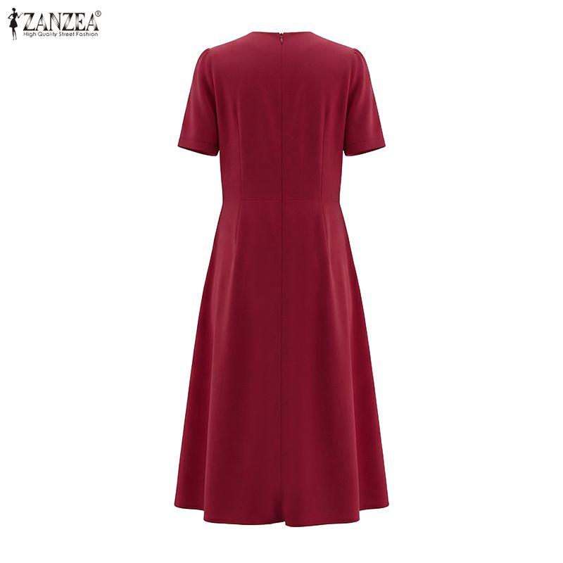 ZANZEA Women Square Collar Summer Casual Short Sleeve Pleated Dress