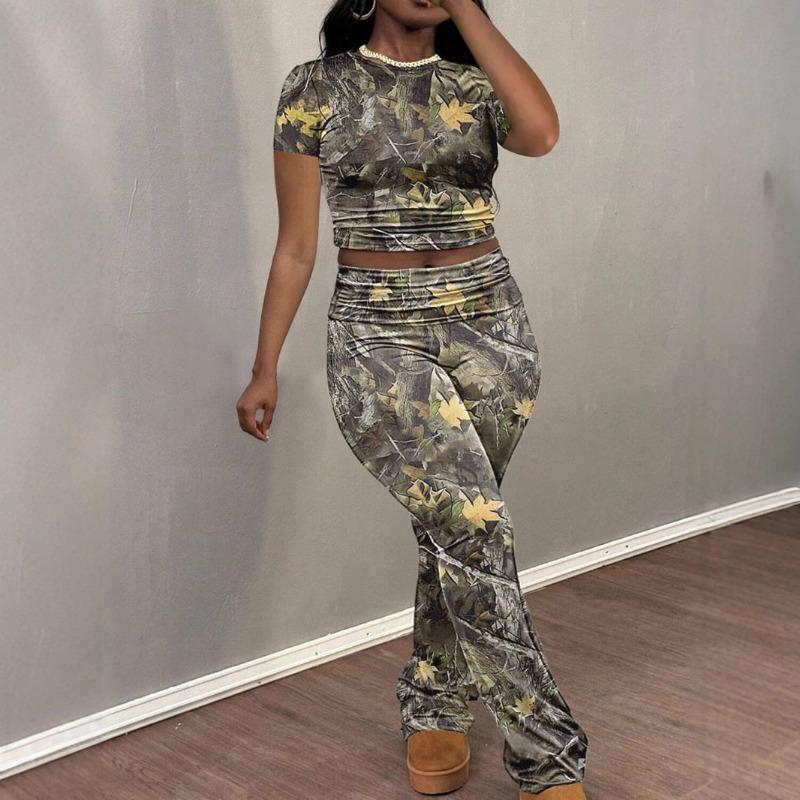 Dámské jarní a podzimní nová ležérní móda s náhodným potiskem a krátkým rukávem, kalhoty a oblek