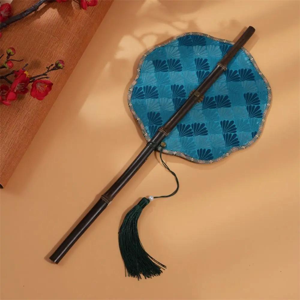 Retro Ancient Style Chinese Bamboo Waist Fan Rollable Foldable Long Handle Fan Decorative Cooling Group Fan Hanfu