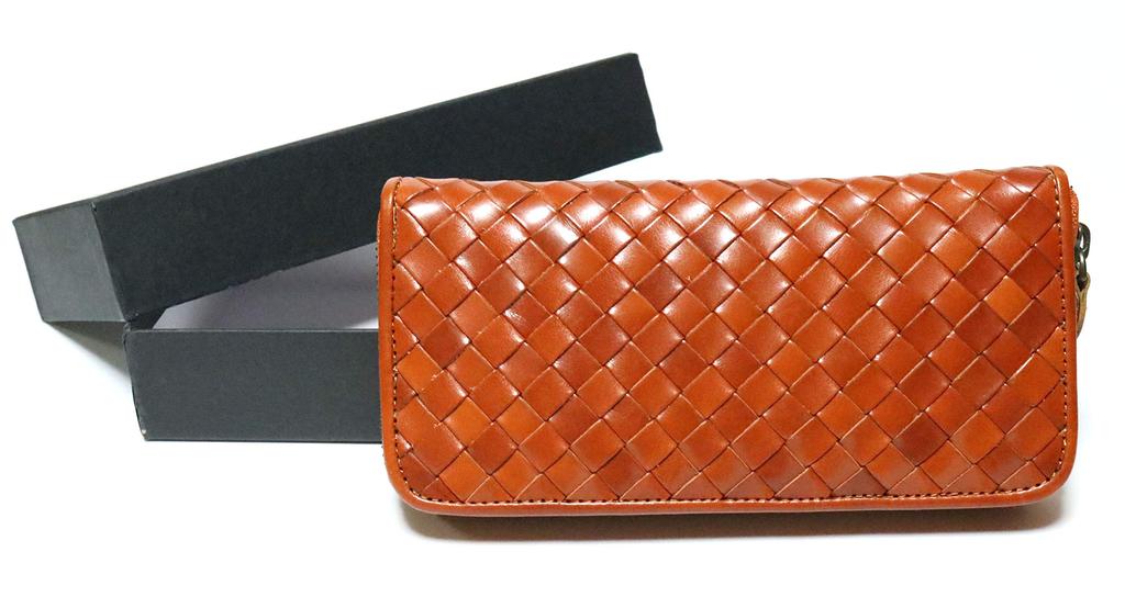 Bercute Camel Echtes Leder Geflochtenes Netz Langes Portemonnaie für Männer und Frauen, Rundes Reißverschluss-Münzfach, Leder-Geldbörse, Rindsleder, 1030220-F-044c