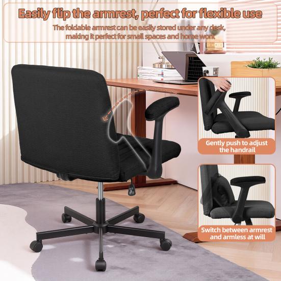 Cross-Legged Office Chair with Wheels & Adjustable Flip-up Arm, Desk Chair with Backrest, Thick Cushion, Wide Seat, Computer Chair for Home, Office,
