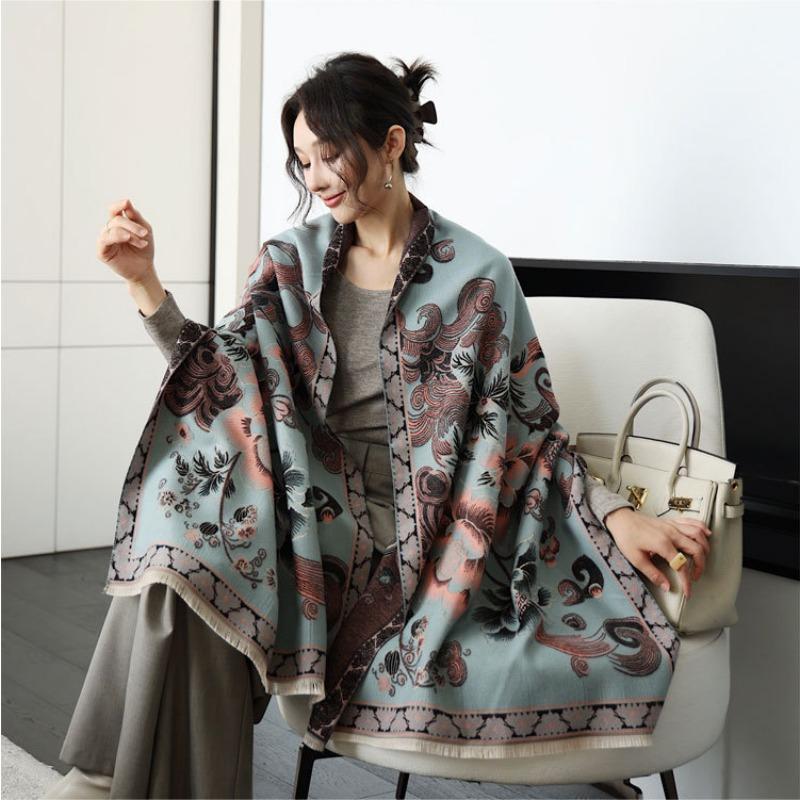 

Scarf women s autumn and winter new double-sided jacquard scarf versatile auspicious lotus imitation cashmere shawl thickened warm scarf 190cm