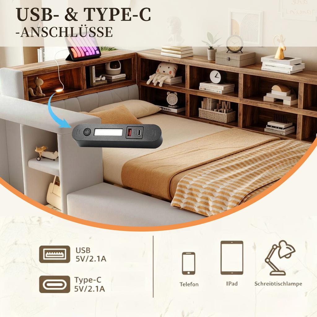 Upholstered Bed 90 X 200 Cm, Multi-Level Storage Compartments, LED Lighting, Integrated Sockets Headboard, Side Table, Padded Backrest, Light Grey