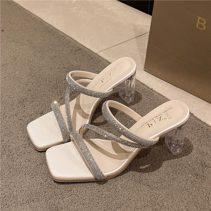 Crystal sexy cool slippers women's thin heel rhinestone 2025 summer high heels
