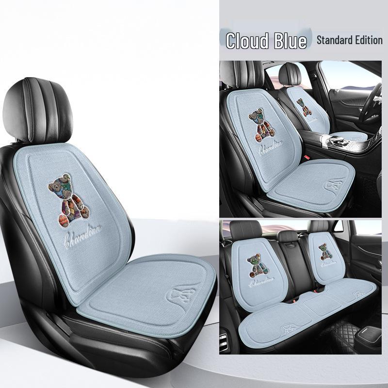 Four Seasons Universal Linen Car Seat Cushion - Cartoon Bear, Breathable, Half-Wrap Rear Seat Cover