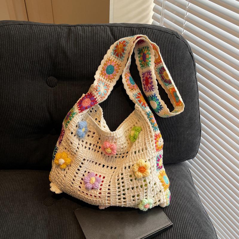 Large Capacity Boho Tote Bag Trendy Floral Crochet Handbag Vintage Multicolor Cut-out Knitted Handbag able Hollow out