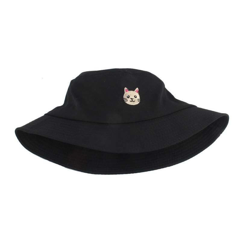 Unisex Cotton Blend Fisherman Hat With Cat Embroidery Wide Brim Outdoor Cap Winter