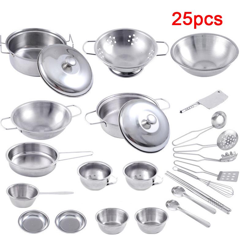 25Pcs Mini Kitchen Utensils Toys Set for Kids Girl Stainless Steel Kitchen Pretend Play Education Toys That Can Hold Food & Cook