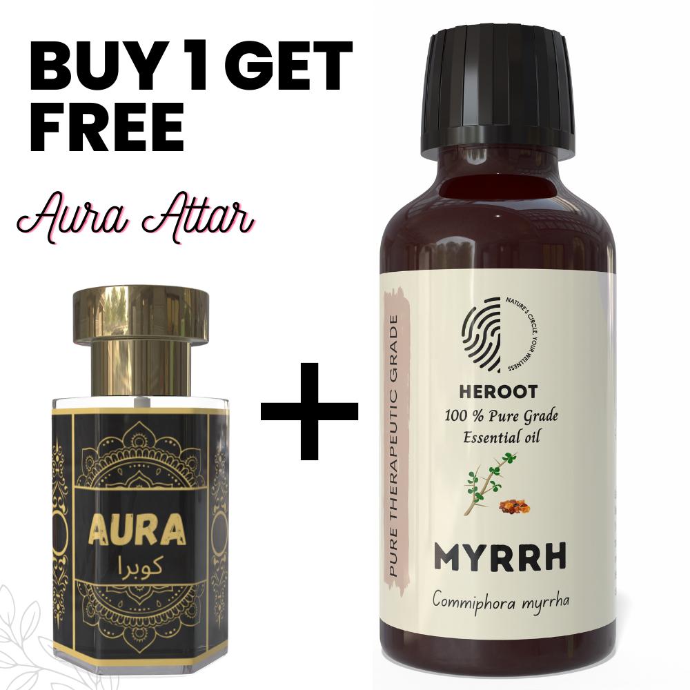 Myrrh Essential Oil 10ml for Aromatherapy & Home Fragrance get 1 Free 6 ml Attar – Aqua AQ, Dubai Oud, Aura, White Oud