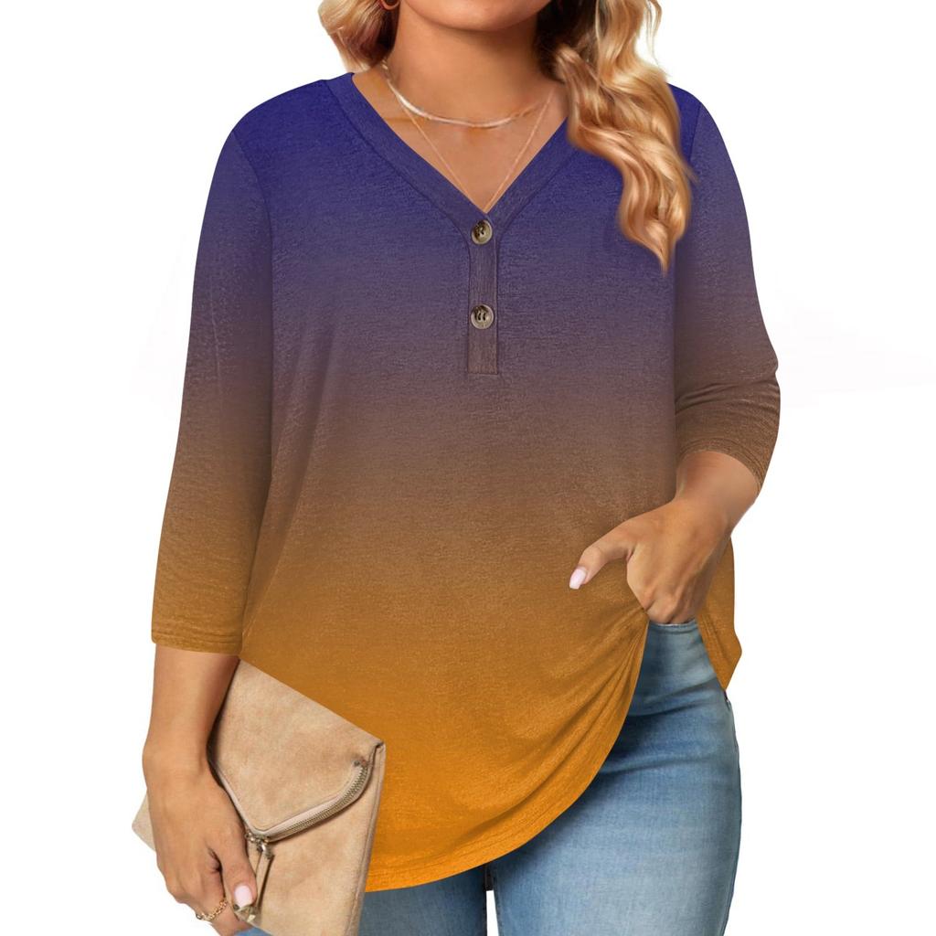 Womens 3/4 Length Sleeve Tops Plus Size Button Down V Neck Shirts Blouses Casual Printing Loose