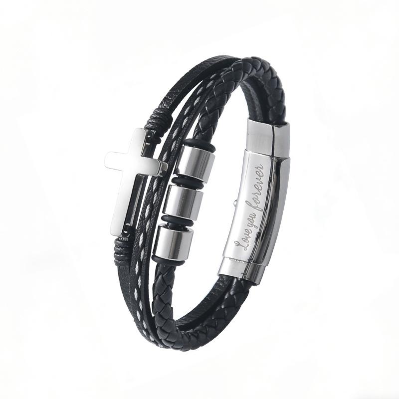 Men s Double Layer Stainless Steel & Leather Cross Rope Bracelet