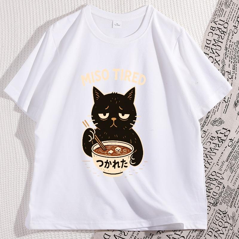 Funny Cat T Shirt Cotton Miso Tired Ramen Tee Kawaii Japanese Food TShirt Foodie Graphic Tees Streetwear Clothing Y2k Clothes