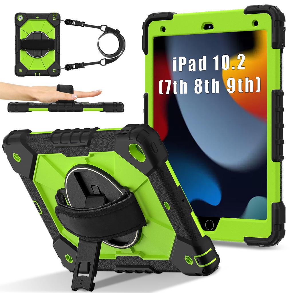 Tablet Case For iPad 10.2 (2021)/(2020)/(2019) Silicone + PC Kickstand Cover with Handy Strap, Shoulder Strap