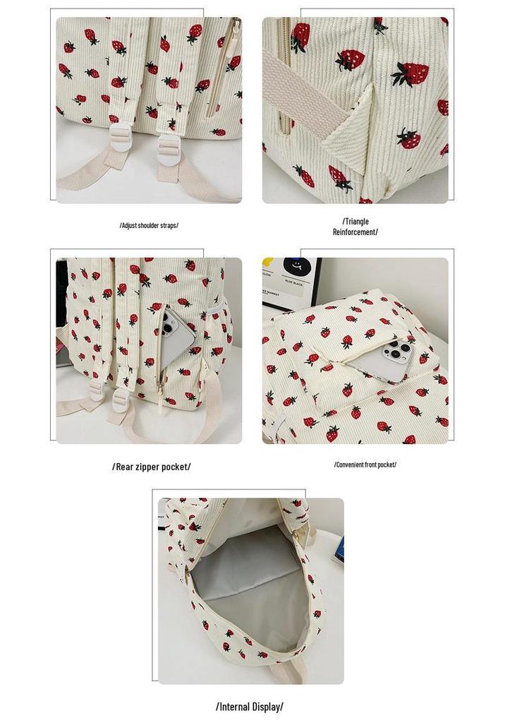 Stylish Corduroy Backpack for Girls – Cute Strawberry Design, Lightweight and Versatile for School or College