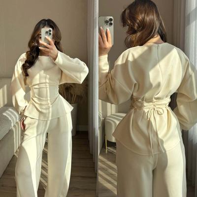 Women Two Piece Set Elegant Puff Sleeve Blouse High Waist Wide Leg Pants Casual Office Suit