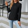 Women's Fashion Sexy Round Neck Solid Color Lace Long Sleeve Pleated Top