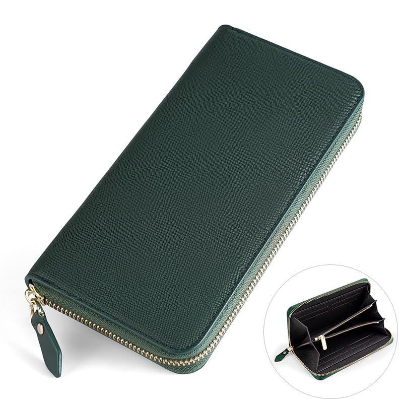 Long Round PU Holds 8 Large x 10 x Available in 8 Colors [nokorika] Women's Wallet, Zipper, Leather, Cards, Capacity, 19.5 2.5 cm, (Green)